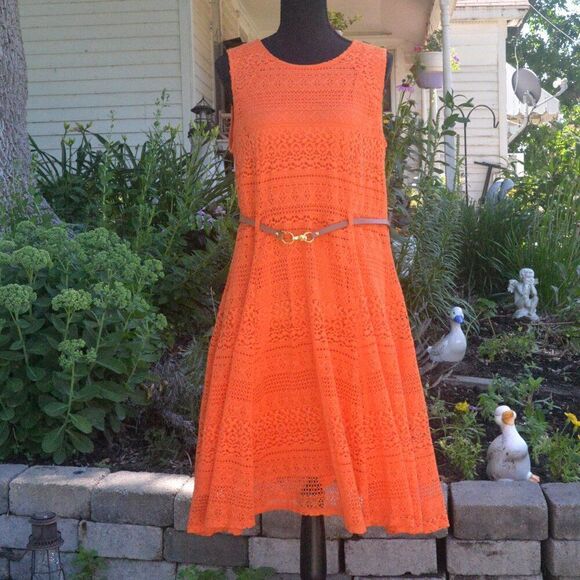 Valerie Stevens Dresses & Skirts - Valerie Stevens Lace Overlay Orange Midi Dress with Belt